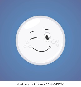 White simple winking character cartoon moon. Vector illustration, isolated on blue background. Cute smiling moon icon. Vector graphic illustration EPS 10.