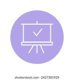 Marca de verificación única blanca en un icono de rotafolio sobre un vibrante fondo púrpura circular, que simboliza la toma de decisiones y el acuerdo