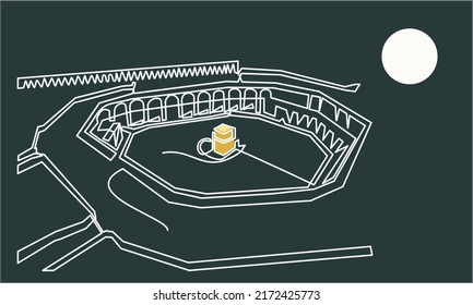 White single continuous line drawing Masjidil Haram landmark under the full moon.  Holy place in Mecca, Saudi Arabia. Religious hajj and umrah travel decor art concept. Vector illustration - Eid Line.