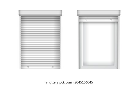 White single plastic windows with blinds. Closed and open jalousie for PVC windows. Realistic window mockup for interior decoration design.