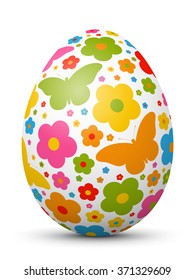 White Single Vector Easter Egg with Abstract Colorful Pattern - Beautiful Close Up Design with Smooth Shadow on the Ground. Butterflies, Flowers, Blossom Shapes. Painted in Vivid Colors.