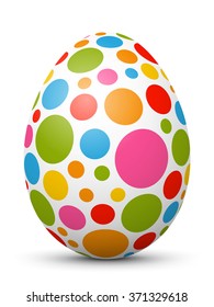 White Single Vector Easter Egg with Abstract Colorful Pattern - Beautiful Close Up Design with Smooth Shadow on the Ground. Dotted - Points. Painted in Vivid Colors.