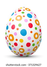 White Single Vector Easter Egg with Abstract Colorful Pattern - Beautiful Close Up Design with Smooth Shadow on the Ground.  Dotted - Points. Painted in Vivid Colors.