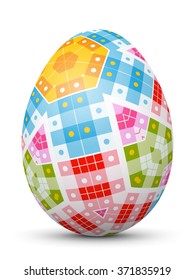 White Single Vector Easter Egg with Abstract Colorful Pattern - Beautiful Close Up Design with Smooth Shadow on the Ground.