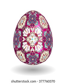 White Single Vector Easter Egg with Abstract Colorful Pattern - Beautiful Close Up Design with Smooth Shadow on the Ground. Gold vinous ornament on purple egg.