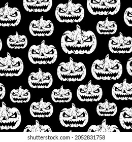 White sinister halloween pumpkins isolated on dark black background. Cute monochrome festive seamless pattern. Vector simple flat graphic illustration. Texture.