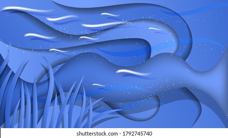 formas sinuosas blancas de varios tamaños y una matriz de partículas pequeñas con un fondo de formas abstractas superpuestas con bordes ondulados en tonos azules. fondo artístico. vector