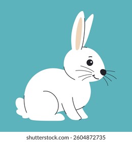 White sitting rabbit children's illustration. Easter bunny or wild hare. Cute animal.