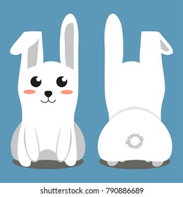 White sitting rabbit colorful poster. Paper cut 2 two sides. Easter themed flat vector illustration for gift card, flyer, certificate or banner, icon, logo, patch, sticker