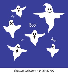White six ghost characters with assorted expressions on blue background. Cute ghost illustrations for  Halloween. Flat cartoon design. Vector Eps.8