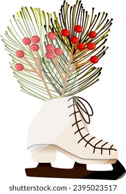 White skate with branches of Christmas fir and red viburnum. Clipart. Isolated element of New Year's decor. Vector illustration.