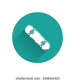 White Skateboard icon isolated with long shadow. Extreme sport. Sport equipment. Green circle button. Vector Illustration