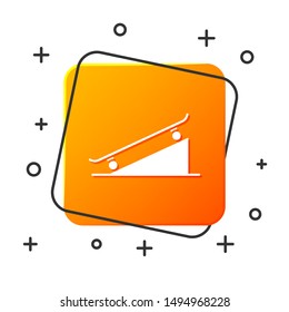 White Skateboard on street ramp icon isolated on white background. Extreme sport. Sport equipment. Orange square button. Vector Illustration