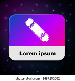 White Skateboard trick icon isolated on black background. Extreme sport. Sport equipment. Rectangle color button. Vector Illustration