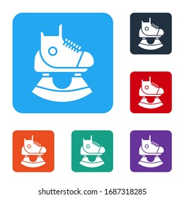 White Skates icon isolated on white background. Ice skate shoes icon. Sport boots with blades. Set icons in color square buttons. Vector Illustration