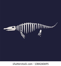 White skeleton and bones of a pliosaurus. Skeleton of a prehistoric dinosaur, pliosaurus in flat cartoon style, vector illustration.