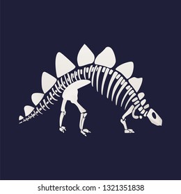 White skeleton and bones of a stegosaurus. Skeleton of a prehistoric dinosaur in flat cartoon style. Vector illustration of a stegosaurus on a blue background.