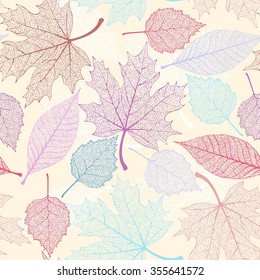 White skeleton decorative leaves vector seamless background