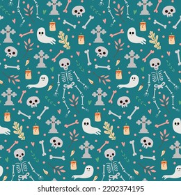 White skeleton and ghosts on green vector seamless pattern. Halloween background for decoration