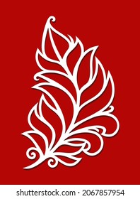 White skeleton of a leaf, a feather. Line drawn decorative element. The theme of nature, plants. Template for plotter laser cutting of paper, metal engraving, wood carving, cnc. Vector illustration.