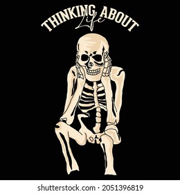 White skeleton silhouettes isolated on black background. Vector illustration. .Sitting and thinking about life.Halloween T-shirt vector.