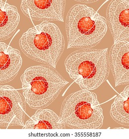 White Skeleton Winter Cherry With Berry Vector Seamless Background