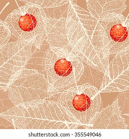 White skeleton winter cherry and leaves vector seamless background