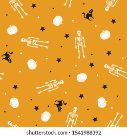 White skeletons and pumpkins with black cats and dots on orange background. Seamless repeat halloween pattern. Happy halloween october holidays. Vector illustration.