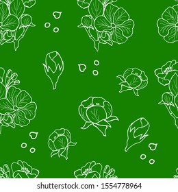 White sketch of apple tree flowers on a green background. Seamless pattern Hand-drawn. Soft color. Vector illustration Suitable for banner, postcard, design
