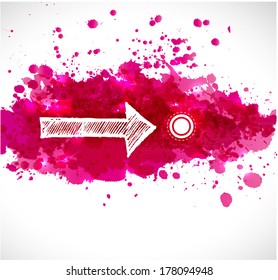 White sketch arrow and bright abstract red splashes on white background. 