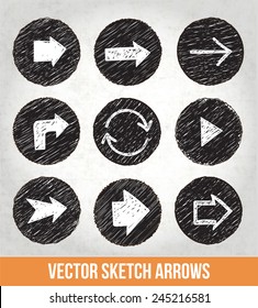 White sketch arrows on black grunge circles. Vector sketch illustration. 
