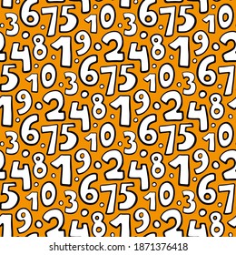 White sketch numbers isolated on orange background. Cute cartoon seamless pattern. Vector flat graphic hand drawn illustration. Texture.