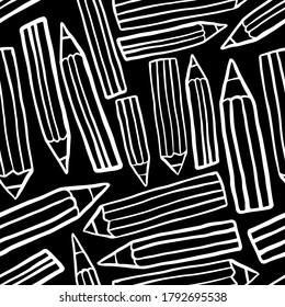 White sketch pencils isolated on black background. Monochrome seamless pattern. Vector flat graphic hand drawn illustration. Texture.