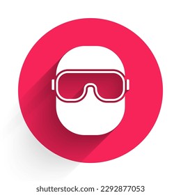White Ski goggles icon isolated with long shadow. Extreme sport. Sport equipment. Red circle button. Vector