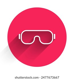 White Ski goggles icon isolated with long shadow. Extreme sport. Sport equipment. Red circle button. Vector