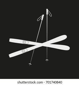 White ski icon on black background. Winter sports equipment. Vector illustration.