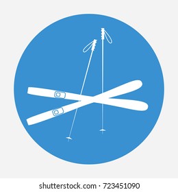 White ski icon on blue background. Winter sports equipment. Vector illustration.