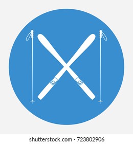 White ski icon on blue background. Winter sports equipment. Vector illustration.