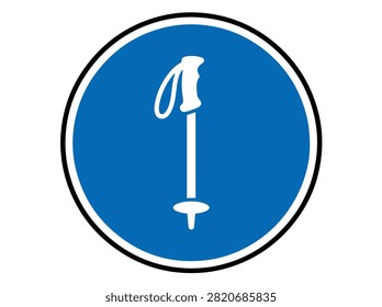 A white ski pole icon centered within a vibrant blue circular background, outlined by a thin black border, signifying a ski trail or winter sport activity.