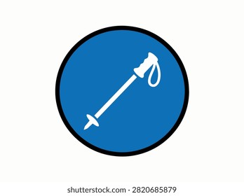 A white ski pole icon is centered within a solid blue circular shape, outlined in black, set against a clean white background. This graphic symbolizes winter sports.