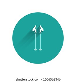 White Ski poles icon isolated with long shadow. Extreme sport. Skiing equipment. Winter sports icon. Green circle button. Vector Illustration