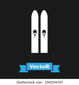 White Ski and sticks icon isolated on black background. Extreme sport. Skiing equipment. Winter sports icon.  Vector Illustration