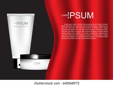 White skin care products with red curtain opening vector cosmetic ads