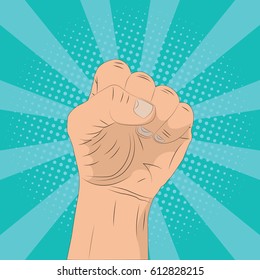 White skin fist on an blue background. Pop-art. Vector.