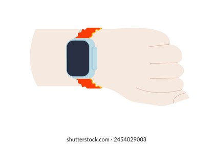 White skin tone hand with fist with fitness watch on it. Modern vector flat illustration. Social Media Ads. Healthy lifestyle.