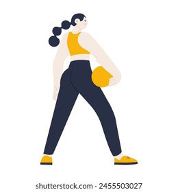 White skin tone woman in sport clothes hold sport ball in her arm, side view. Modern vector flat illustration. Healthy lifestyle. Social media ads.