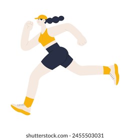 White skin tone woman in sport clothes jogging, running. Dynamic side view. Modern vector flat illustration. Healthy lifestyle. Social media ads.