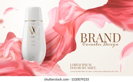 White skincare bottle ads with pink chiffon flying in the air, 3d illustration