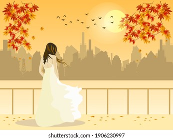 
The white skirt woman was standing on the bank of the river with a maple tree on top. There are buildings and sun set in the background.