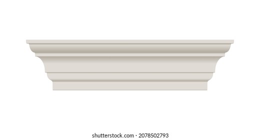 White skirting cornice molding. Ceiling crown baseboard on white background. Plaster, wooden or styrofoam interior decor. Classic home design. Vector illustration.
